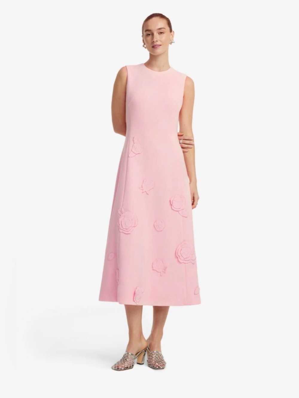 LEO LIN Cleo Blush Pink Rose Appliqué Sleeveless A-Line Midi Dress AU8/US4 NWOT